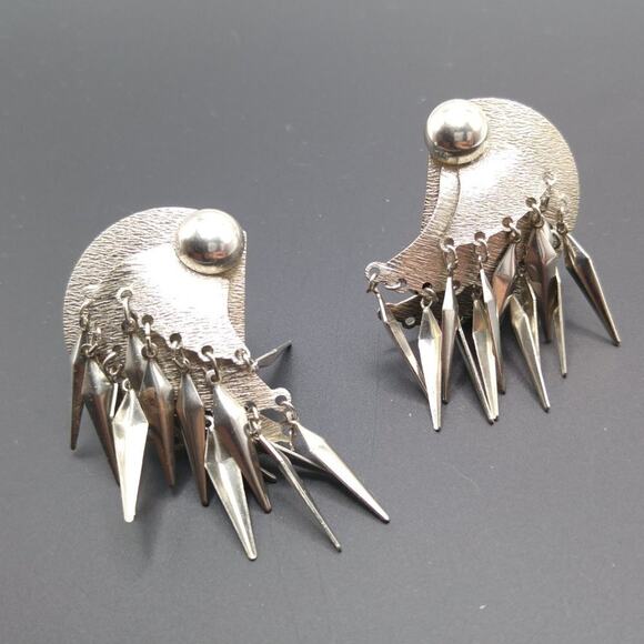 Vintage Southwestern Style Silver Tone Tassel Clip Earrings, 2 Inches - Picture 8 of 10